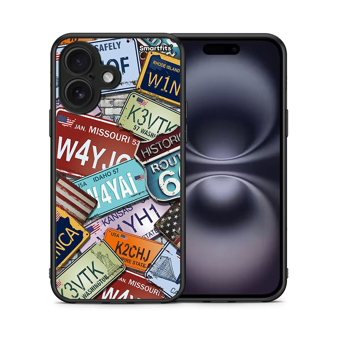 Θήκη iPhone 16 Car Plates από τη Smartfits με σχέδιο στο πίσω μέρος και μαύρο περίβλημα | iPhone 16 Car Plates case with colorful back and black bezels