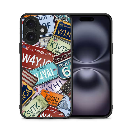 Θήκη iPhone 16 Car Plates από τη Smartfits με σχέδιο στο πίσω μέρος και μαύρο περίβλημα | iPhone 16 Car Plates case with colorful back and black bezels