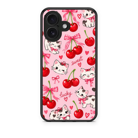 Θήκη iPhone 16 Cherries Bows and Kittens on Pink από τη Smartfits με σχέδιο στο πίσω μέρος και μαύρο περίβλημα | iPhone 16 Cherries Bows and Kittens on Pink case with colorful back and black bezels