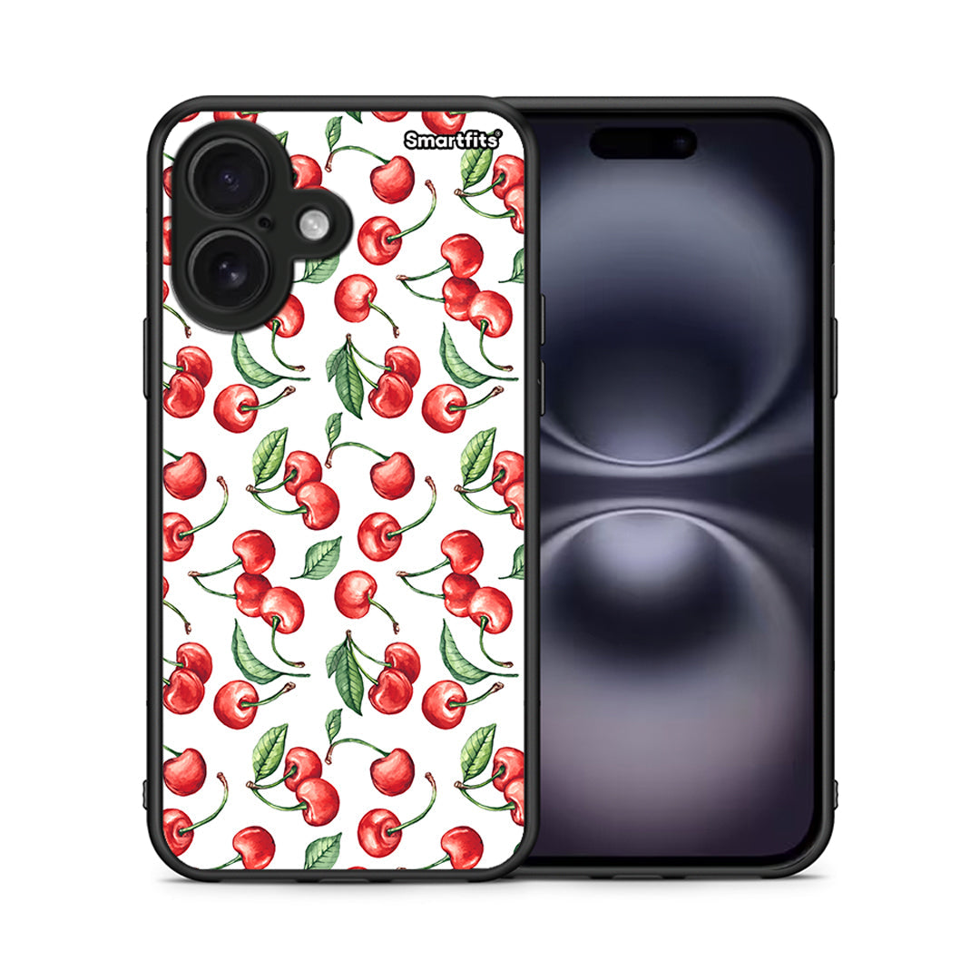 Θήκη iPhone 16 Cherry Summer από τη Smartfits με σχέδιο στο πίσω μέρος και μαύρο περίβλημα | iPhone 16 Cherry Summer case with colorful back and black bezels