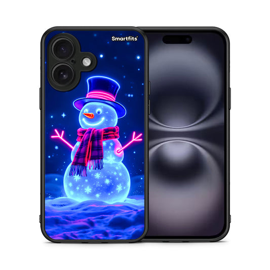 Θήκη iPhone 16 Christmas Neon Snowman από τη Smartfits με σχέδιο στο πίσω μέρος και μαύρο περίβλημα | iPhone 16 Christmas Neon Snowman case with colorful back and black bezels