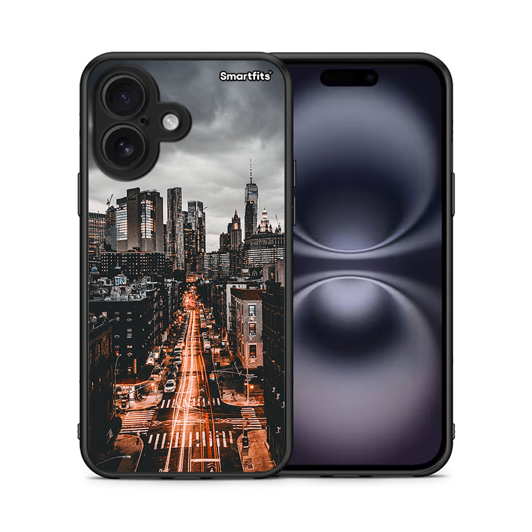 Θήκη iPhone 16 City Lights από τη Smartfits με σχέδιο στο πίσω μέρος και μαύρο περίβλημα | iPhone 16 City Lights case with colorful back and black bezels
