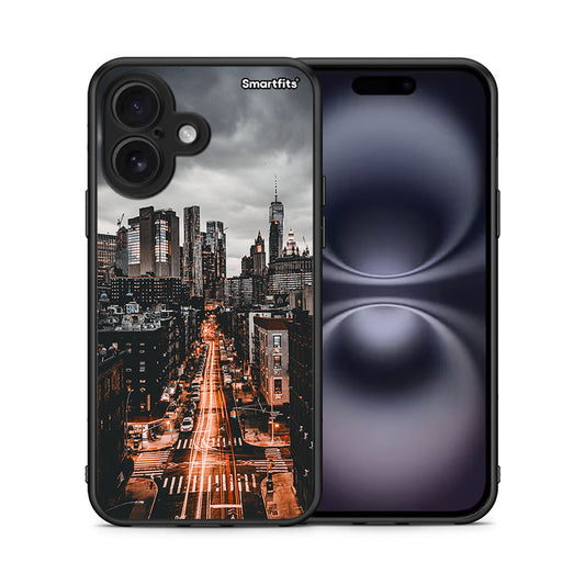 Θήκη iPhone 16 City Lights από τη Smartfits με σχέδιο στο πίσω μέρος και μαύρο περίβλημα | iPhone 16 City Lights case with colorful back and black bezels