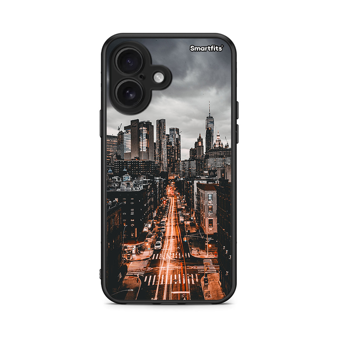 iPhone 16 City Lights θήκη από τη Smartfits με σχέδιο στο πίσω μέρος και μαύρο περίβλημα | Smartphone case with colorful back and black bezels by Smartfits
