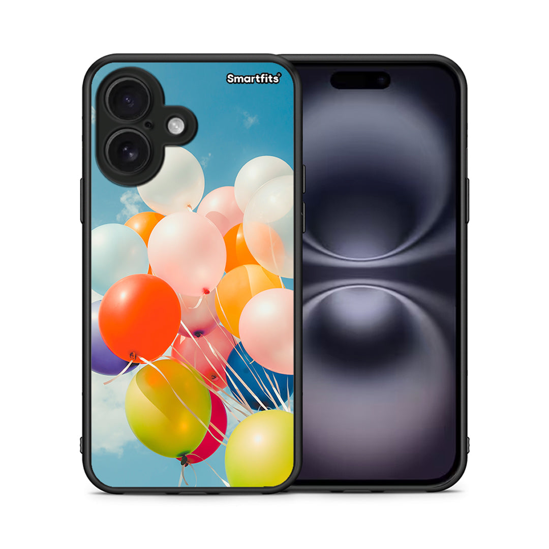 Θήκη iPhone 16 Colorful Balloons από τη Smartfits με σχέδιο στο πίσω μέρος και μαύρο περίβλημα | iPhone 16 Colorful Balloons case with colorful back and black bezels