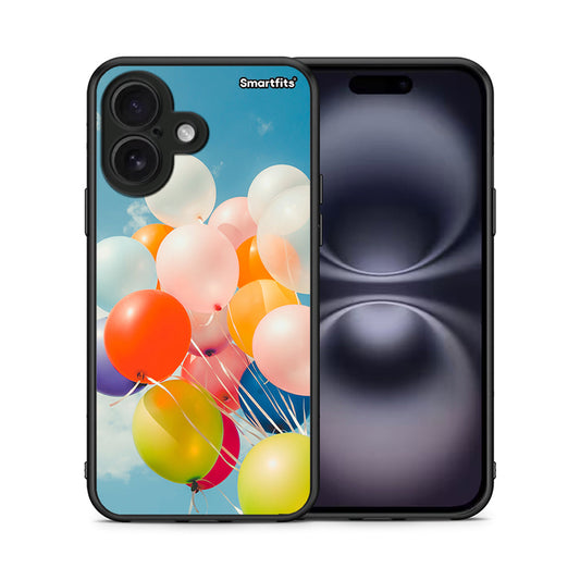 Θήκη iPhone 16 Colorful Balloons από τη Smartfits με σχέδιο στο πίσω μέρος και μαύρο περίβλημα | iPhone 16 Colorful Balloons case with colorful back and black bezels