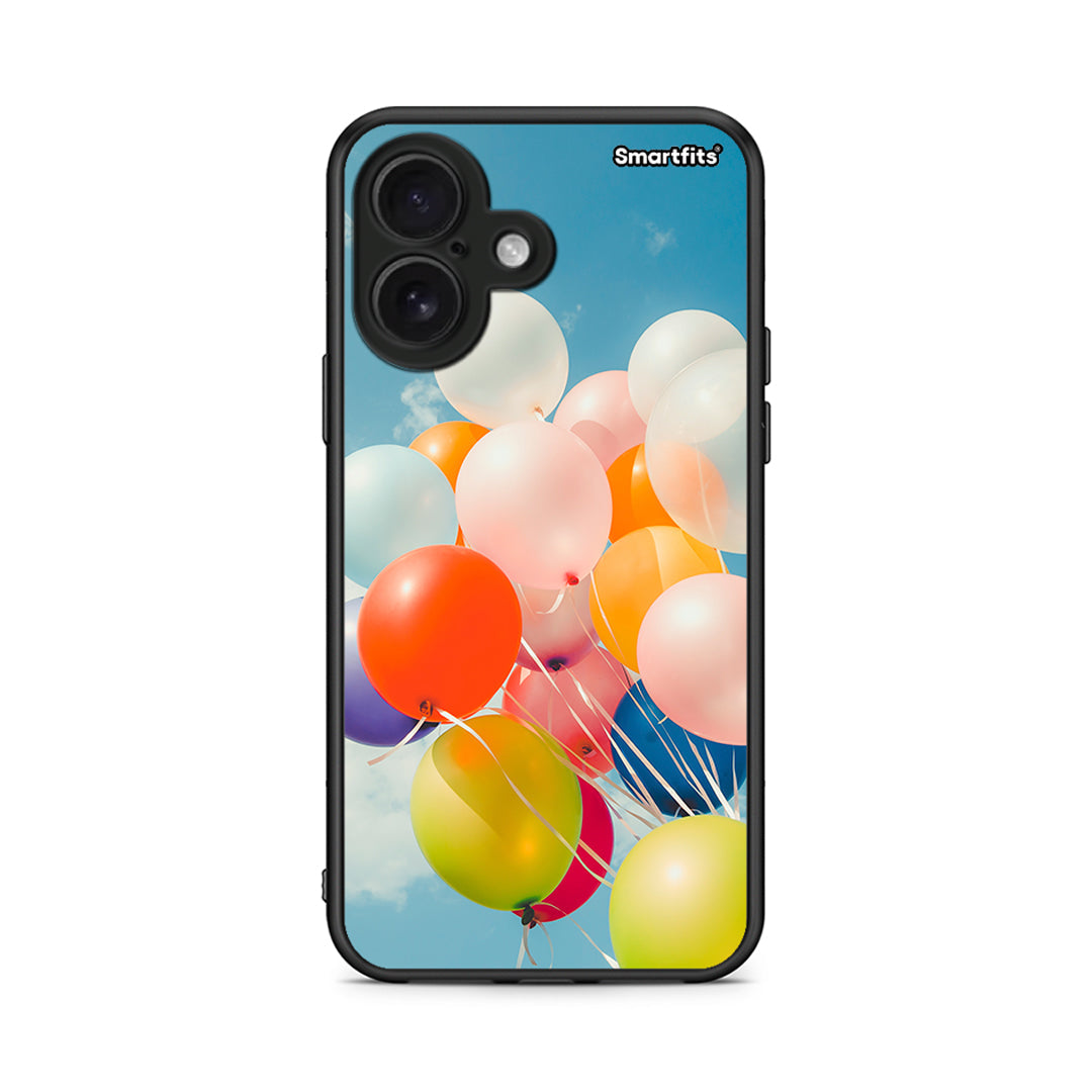 iPhone 16 Colorful Balloons θήκη από τη Smartfits με σχέδιο στο πίσω μέρος και μαύρο περίβλημα | Smartphone case with colorful back and black bezels by Smartfits