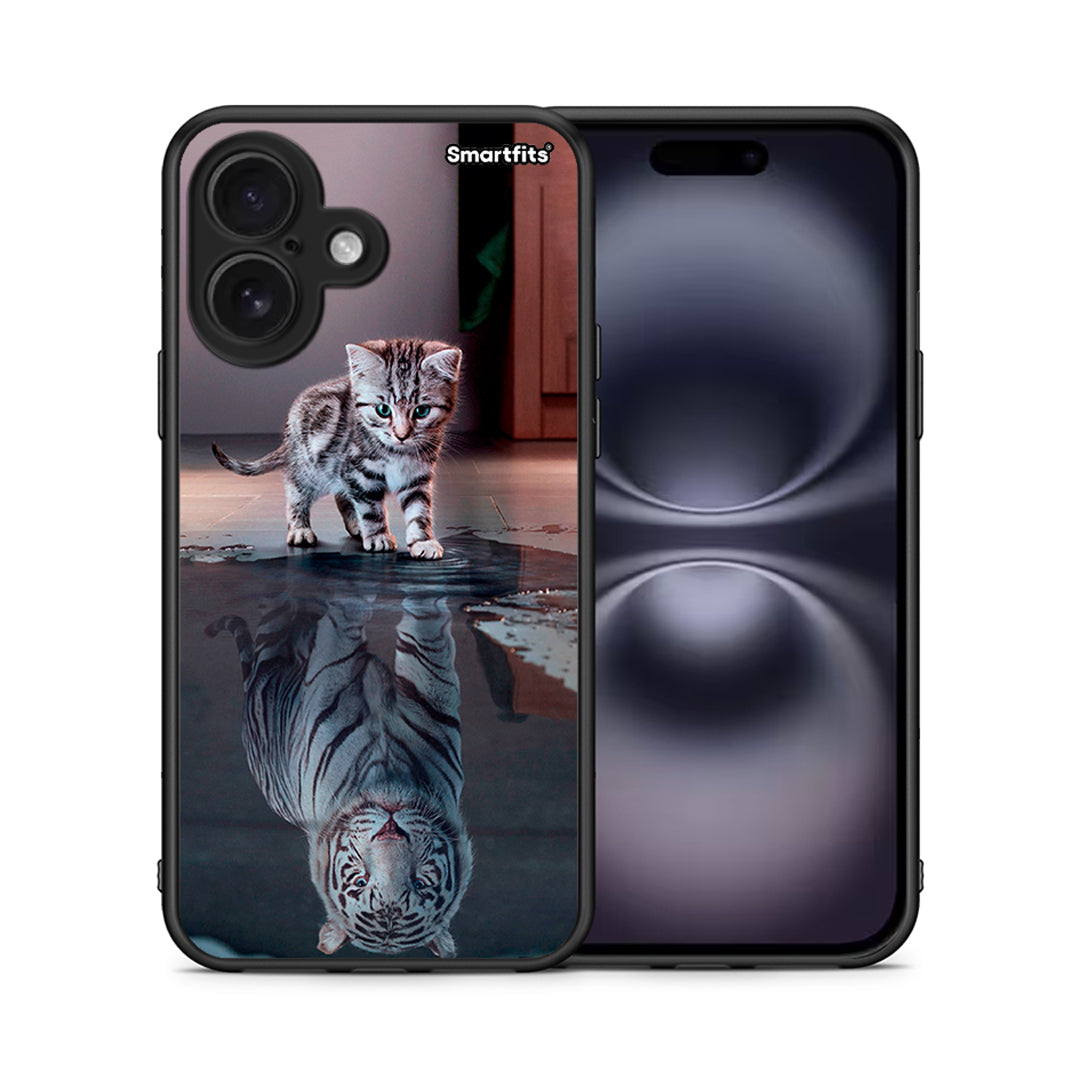 Θήκη iPhone 16 Tiger Cute από τη Smartfits με σχέδιο στο πίσω μέρος και μαύρο περίβλημα | iPhone 16 Tiger Cute case with colorful back and black bezels