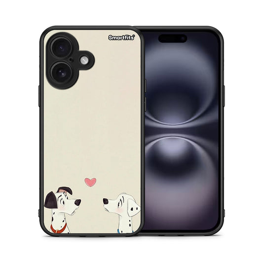 Θήκη iPhone 16 Dalmatians Love από τη Smartfits με σχέδιο στο πίσω μέρος και μαύρο περίβλημα | iPhone 16 Dalmatians Love case with colorful back and black bezels