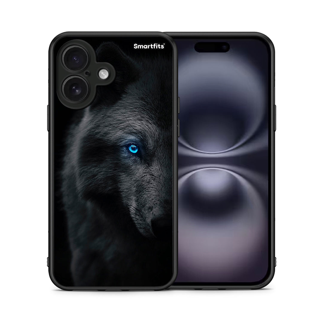 Θήκη iPhone 16 Dark Wolf από τη Smartfits με σχέδιο στο πίσω μέρος και μαύρο περίβλημα | iPhone 16 Dark Wolf case with colorful back and black bezels