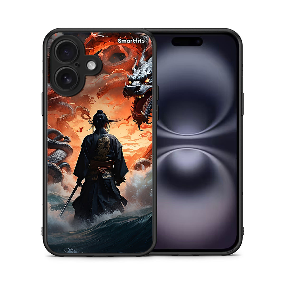 Θήκη iPhone 16 Dragons Fight από τη Smartfits με σχέδιο στο πίσω μέρος και μαύρο περίβλημα | iPhone 16 Dragons Fight case with colorful back and black bezels