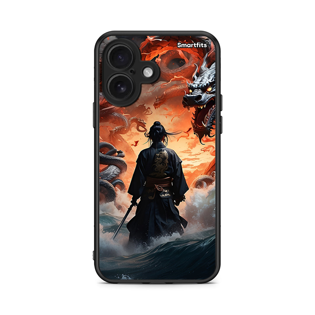 iPhone 16 Dragons Fight θήκη από τη Smartfits με σχέδιο στο πίσω μέρος και μαύρο περίβλημα | Smartphone case with colorful back and black bezels by Smartfits