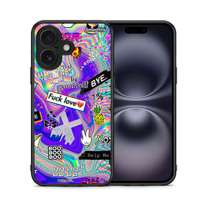 Θήκη iPhone 16 Game Over από τη Smartfits με σχέδιο στο πίσω μέρος και μαύρο περίβλημα | iPhone 16 Game Over case with colorful back and black bezels