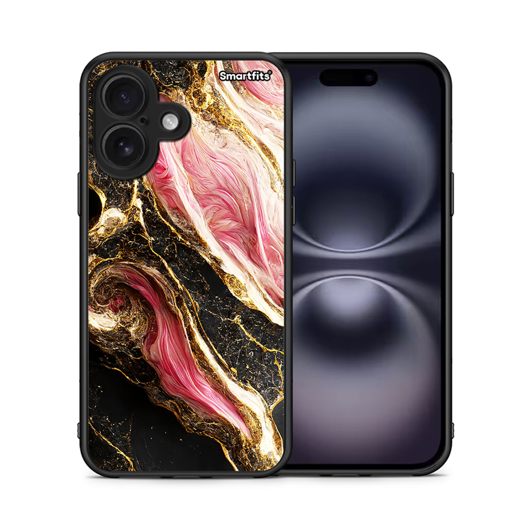 Θήκη iPhone 16 Glamorous Pink Marble από τη Smartfits με σχέδιο στο πίσω μέρος και μαύρο περίβλημα | iPhone 16 Glamorous Pink Marble case with colorful back and black bezels