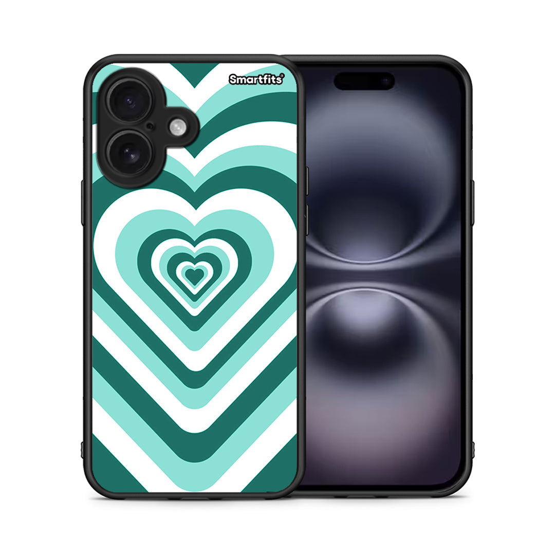 Θήκη iPhone 16 Green Hearts από τη Smartfits με σχέδιο στο πίσω μέρος και μαύρο περίβλημα | iPhone 16 Green Hearts case with colorful back and black bezels
