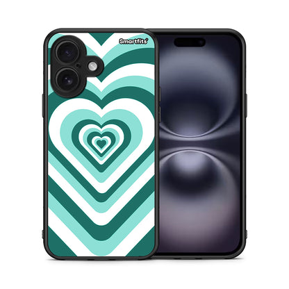 Θήκη iPhone 16 Green Hearts από τη Smartfits με σχέδιο στο πίσω μέρος και μαύρο περίβλημα | iPhone 16 Green Hearts case with colorful back and black bezels