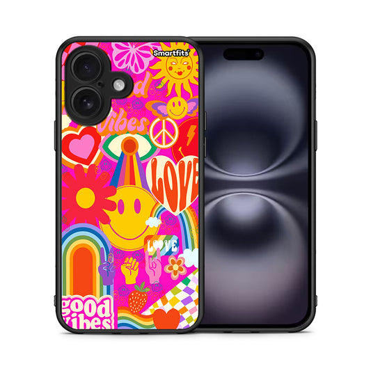 Θήκη iPhone 16 Hippie Love από τη Smartfits με σχέδιο στο πίσω μέρος και μαύρο περίβλημα | iPhone 16 Hippie Love case with colorful back and black bezels
