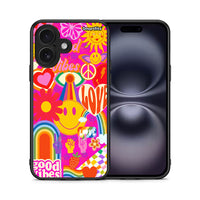 Thumbnail for Θήκη iPhone 16 Hippie Love από τη Smartfits με σχέδιο στο πίσω μέρος και μαύρο περίβλημα | iPhone 16 Hippie Love case with colorful back and black bezels