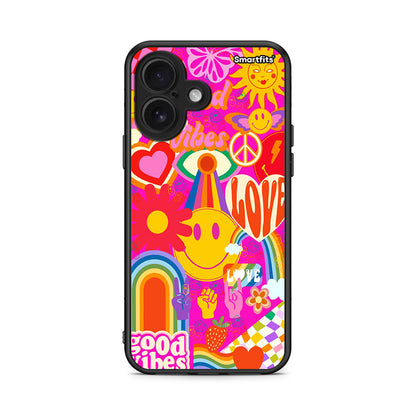 iPhone 16 Hippie Love θήκη από τη Smartfits με σχέδιο στο πίσω μέρος και μαύρο περίβλημα | Smartphone case with colorful back and black bezels by Smartfits