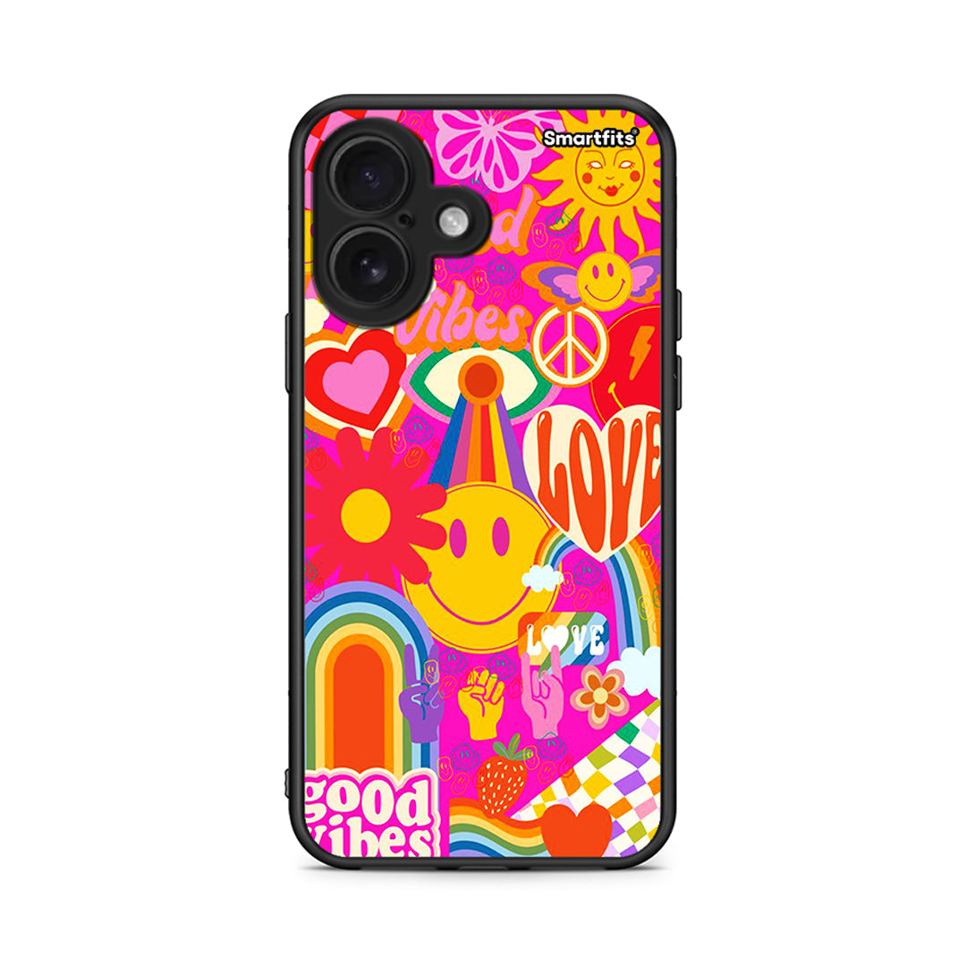 iPhone 16 Hippie Love θήκη από τη Smartfits με σχέδιο στο πίσω μέρος και μαύρο περίβλημα | Smartphone case with colorful back and black bezels by Smartfits