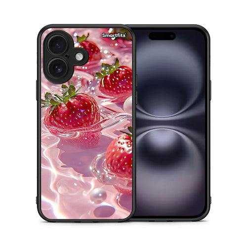 Θήκη iPhone 16 Juicy Strawberries από τη Smartfits με σχέδιο στο πίσω μέρος και μαύρο περίβλημα | iPhone 16 Juicy Strawberries case with colorful back and black bezels