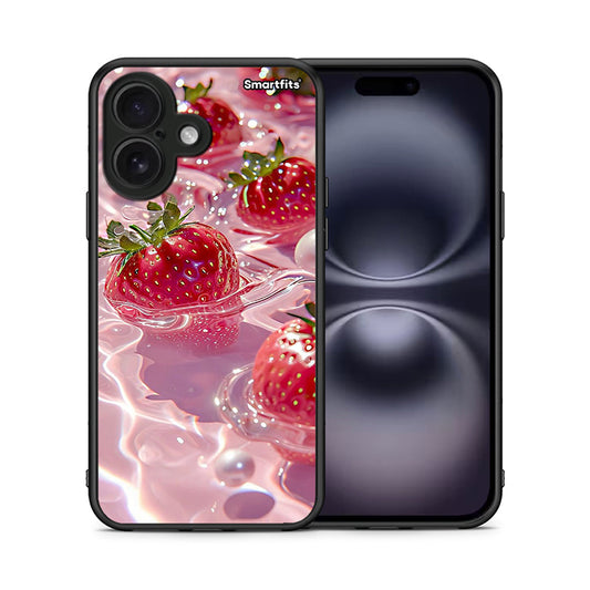 Θήκη iPhone 16 Juicy Strawberries από τη Smartfits με σχέδιο στο πίσω μέρος και μαύρο περίβλημα | iPhone 16 Juicy Strawberries case with colorful back and black bezels
