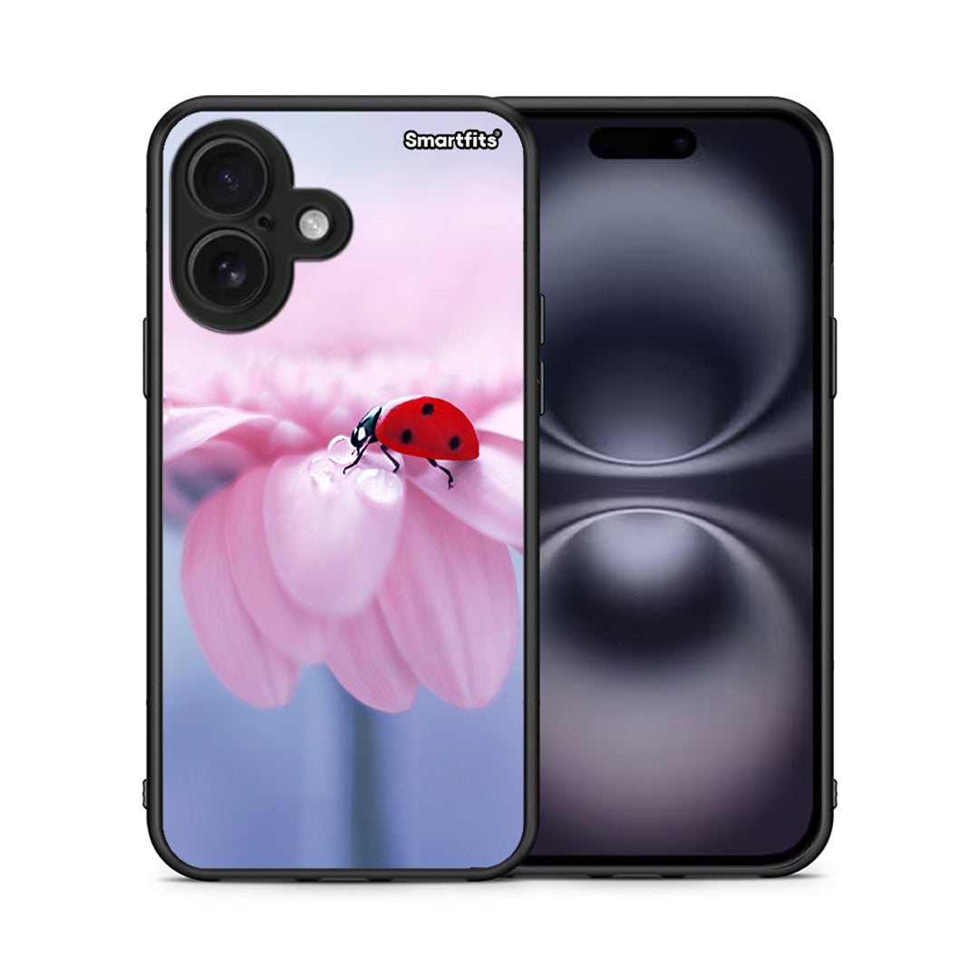 Θήκη iPhone 16 Ladybug Flower από τη Smartfits με σχέδιο στο πίσω μέρος και μαύρο περίβλημα | iPhone 16 Ladybug Flower case with colorful back and black bezels