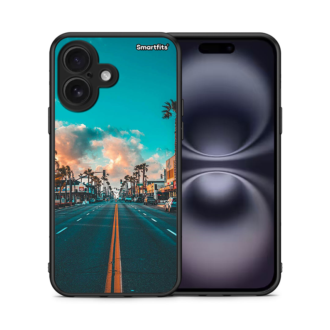 Θήκη iPhone 16 City Landscape από τη Smartfits με σχέδιο στο πίσω μέρος και μαύρο περίβλημα | iPhone 16 City Landscape case with colorful back and black bezels
