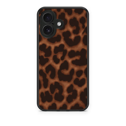 Θήκη iPhone 16 Leopard Print Dark Brown από τη Smartfits με σχέδιο στο πίσω μέρος και μαύρο περίβλημα | iPhone 16 Leopard Print Dark Brown case with colorful back and black bezels