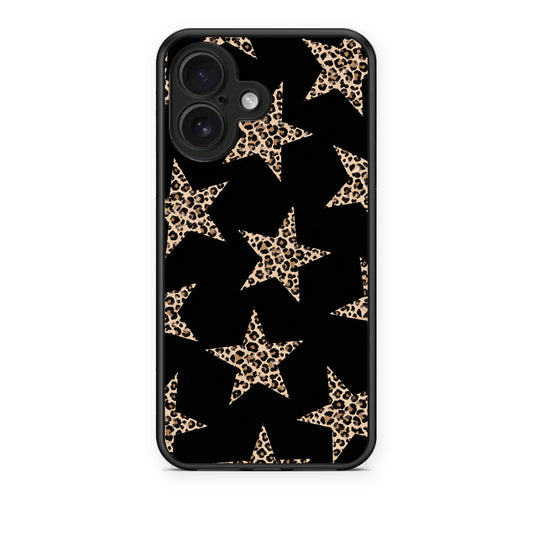 Θήκη iPhone 16 Leopard Stars on Black από τη Smartfits με σχέδιο στο πίσω μέρος και μαύρο περίβλημα | iPhone 16 Leopard Stars on Black case with colorful back and black bezels