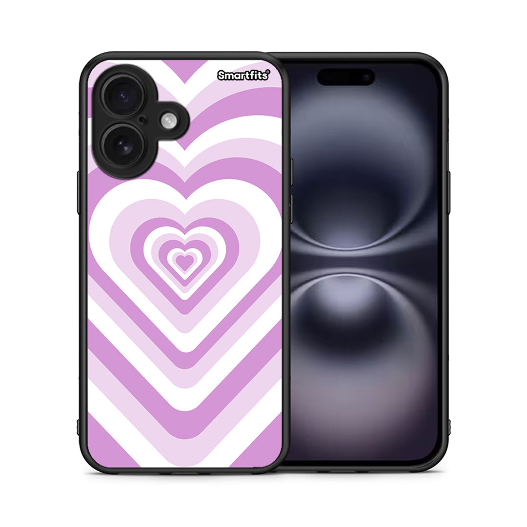 Θήκη iPhone 16 Lilac Hearts από τη Smartfits με σχέδιο στο πίσω μέρος και μαύρο περίβλημα | iPhone 16 Lilac Hearts case with colorful back and black bezels