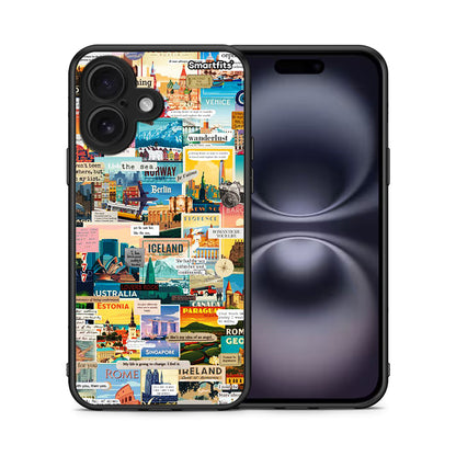 Θήκη iPhone 16 Live To Travel από τη Smartfits με σχέδιο στο πίσω μέρος και μαύρο περίβλημα | iPhone 16 Live To Travel case with colorful back and black bezels