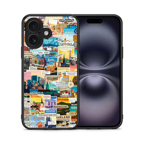 Θήκη iPhone 16 Live To Travel από τη Smartfits με σχέδιο στο πίσω μέρος και μαύρο περίβλημα | iPhone 16 Live To Travel case with colorful back and black bezels
