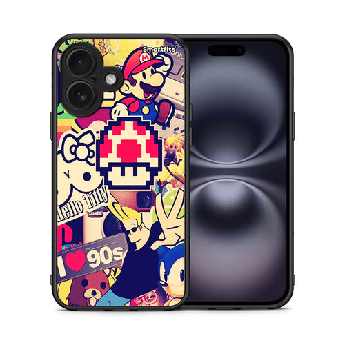 Θήκη iPhone 16 Love The 90s από τη Smartfits με σχέδιο στο πίσω μέρος και μαύρο περίβλημα | iPhone 16 Love The 90s case with colorful back and black bezels