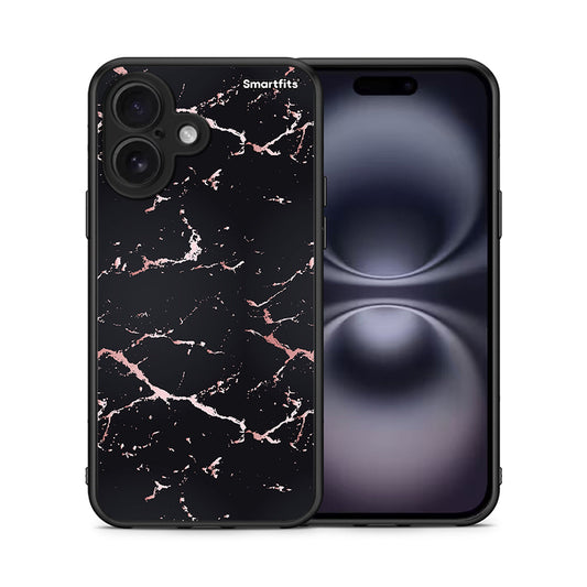 Θήκη iPhone 16 Black Rosegold Marble από τη Smartfits με σχέδιο στο πίσω μέρος και μαύρο περίβλημα | iPhone 16 Black Rosegold Marble case with colorful back and black bezels