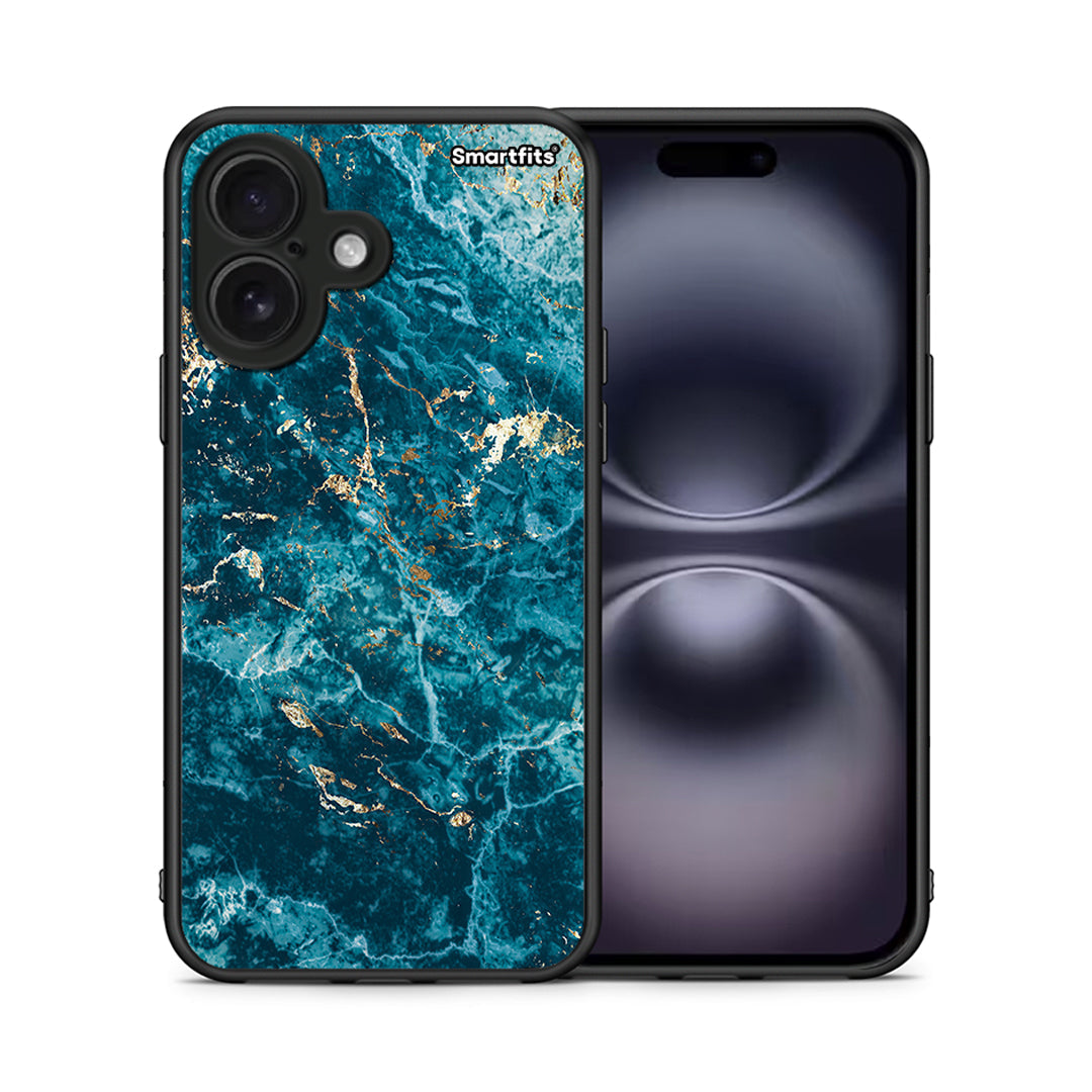 Θήκη iPhone 16 Marble Blue από τη Smartfits με σχέδιο στο πίσω μέρος και μαύρο περίβλημα | iPhone 16 Marble Blue case with colorful back and black bezels