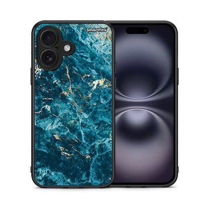 Θήκη iPhone 16 Marble Blue από τη Smartfits με σχέδιο στο πίσω μέρος και μαύρο περίβλημα | iPhone 16 Marble Blue case with colorful back and black bezels