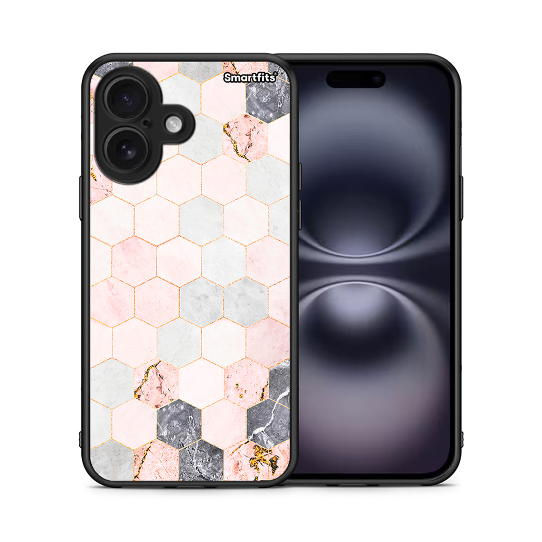 Θήκη iPhone 16 Hexagon Pink Marble από τη Smartfits με σχέδιο στο πίσω μέρος και μαύρο περίβλημα | iPhone 16 Hexagon Pink Marble case with colorful back and black bezels