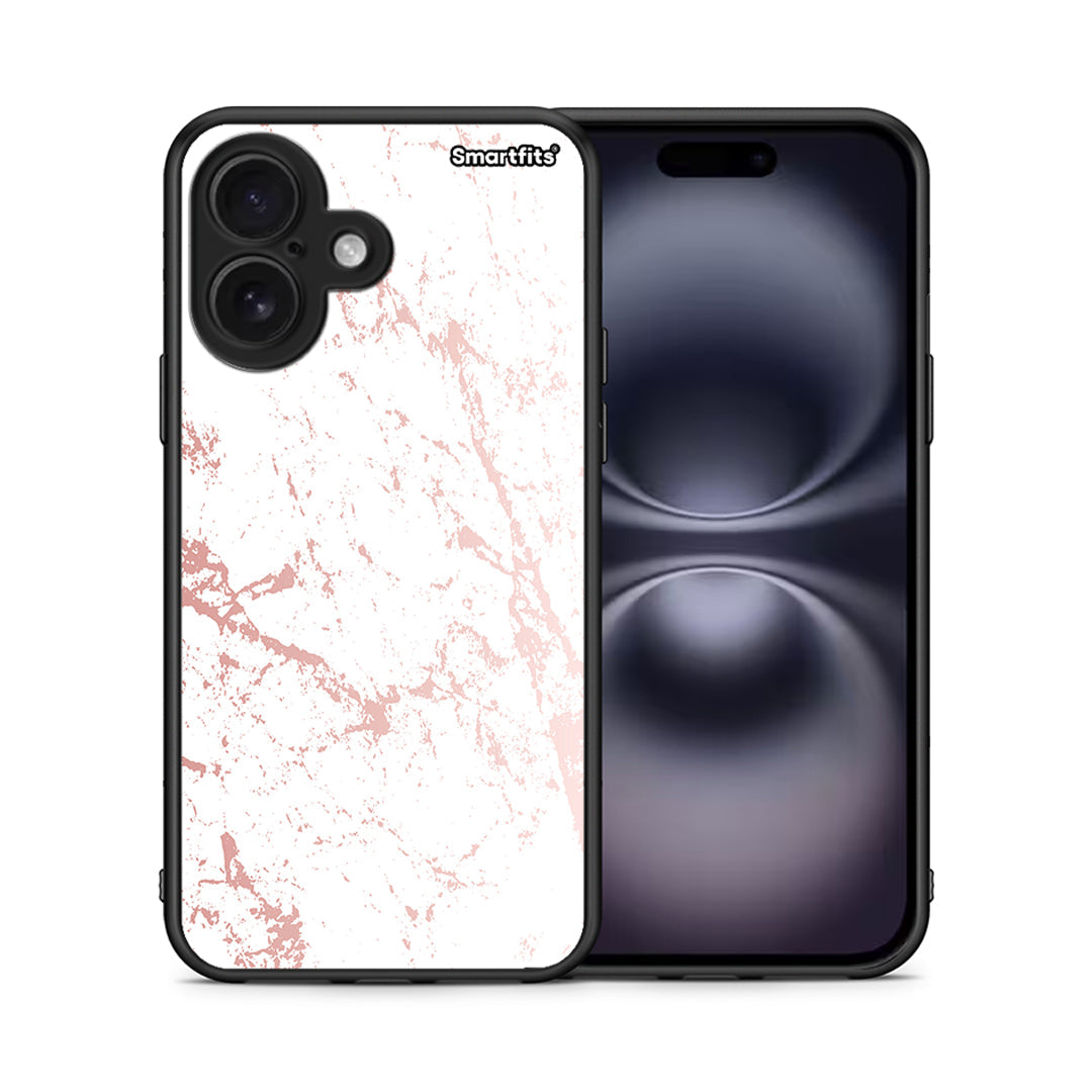 Θήκη iPhone 16 Pink Splash Marble από τη Smartfits με σχέδιο στο πίσω μέρος και μαύρο περίβλημα | iPhone 16 Pink Splash Marble case with colorful back and black bezels