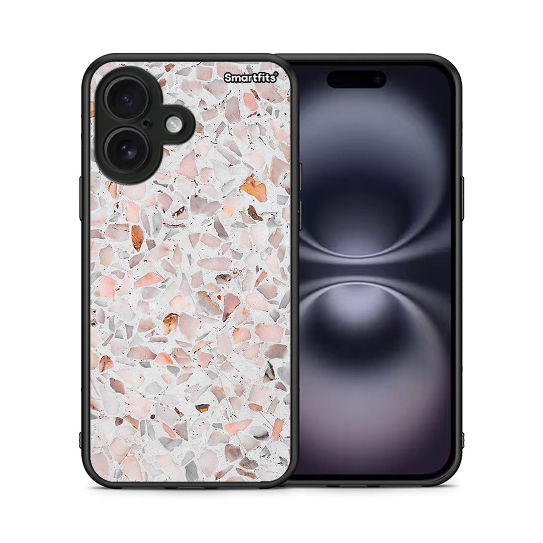 Θήκη iPhone 16 Marble Terrazzo από τη Smartfits με σχέδιο στο πίσω μέρος και μαύρο περίβλημα | iPhone 16 Marble Terrazzo case with colorful back and black bezels