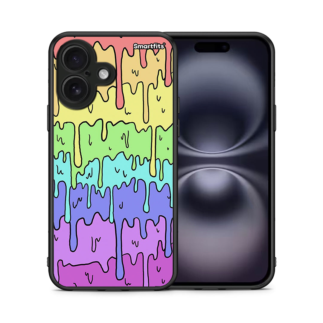 Θήκη iPhone 16 Melting Rainbow από τη Smartfits με σχέδιο στο πίσω μέρος και μαύρο περίβλημα | iPhone 16 Melting Rainbow case with colorful back and black bezels