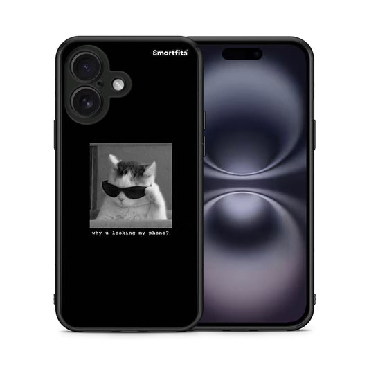 Θήκη iPhone 16 Meme Cat από τη Smartfits με σχέδιο στο πίσω μέρος και μαύρο περίβλημα | iPhone 16 Meme Cat case with colorful back and black bezels