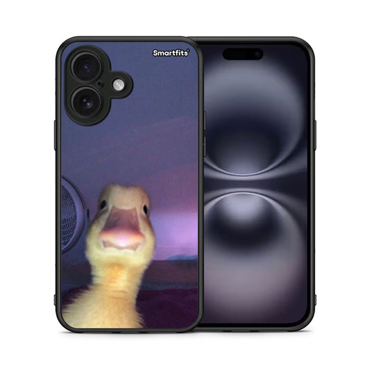 Θήκη iPhone 16 Meme Duck από τη Smartfits με σχέδιο στο πίσω μέρος και μαύρο περίβλημα | iPhone 16 Meme Duck case with colorful back and black bezels