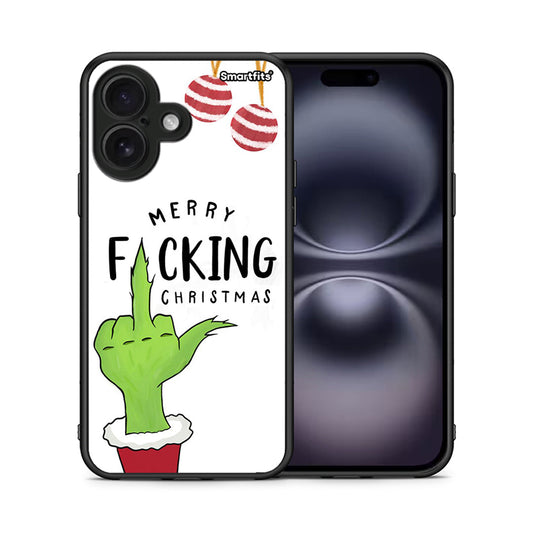 Θήκη iPhone 16 Merry F Xmas από τη Smartfits με σχέδιο στο πίσω μέρος και μαύρο περίβλημα | iPhone 16 Merry F Xmas case with colorful back and black bezels