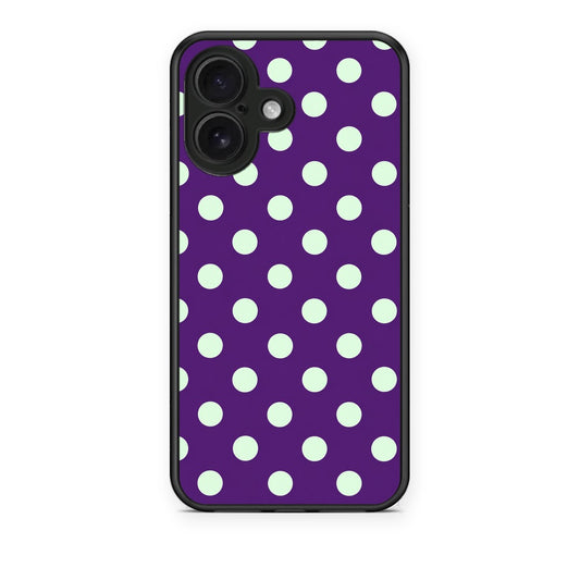 Θήκη iPhone 16 Mint Polka Dots on Purple από τη Smartfits με σχέδιο στο πίσω μέρος και μαύρο περίβλημα | iPhone 16 Mint Polka Dots on Purple case with colorful back and black bezels