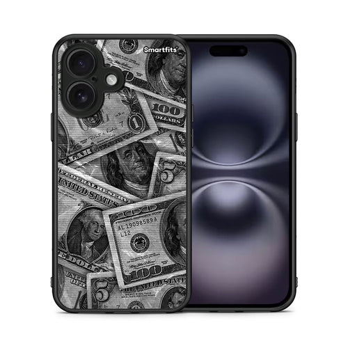 Θήκη iPhone 16 Money Dollars από τη Smartfits με σχέδιο στο πίσω μέρος και μαύρο περίβλημα | iPhone 16 Money Dollars case with colorful back and black bezels