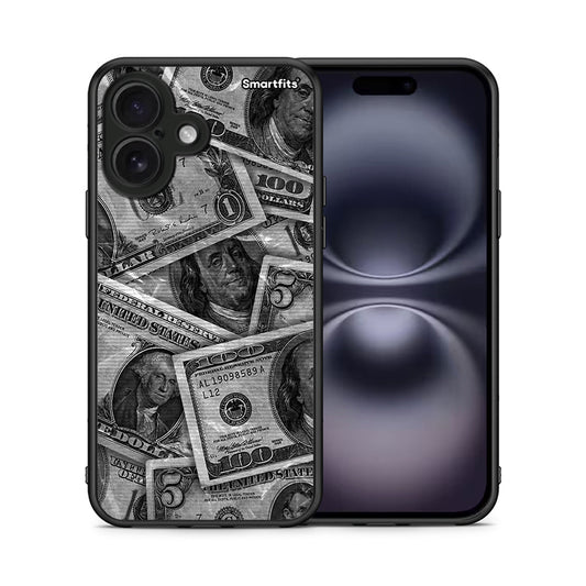 Θήκη iPhone 16 Money Dollars από τη Smartfits με σχέδιο στο πίσω μέρος και μαύρο περίβλημα | iPhone 16 Money Dollars case with colorful back and black bezels