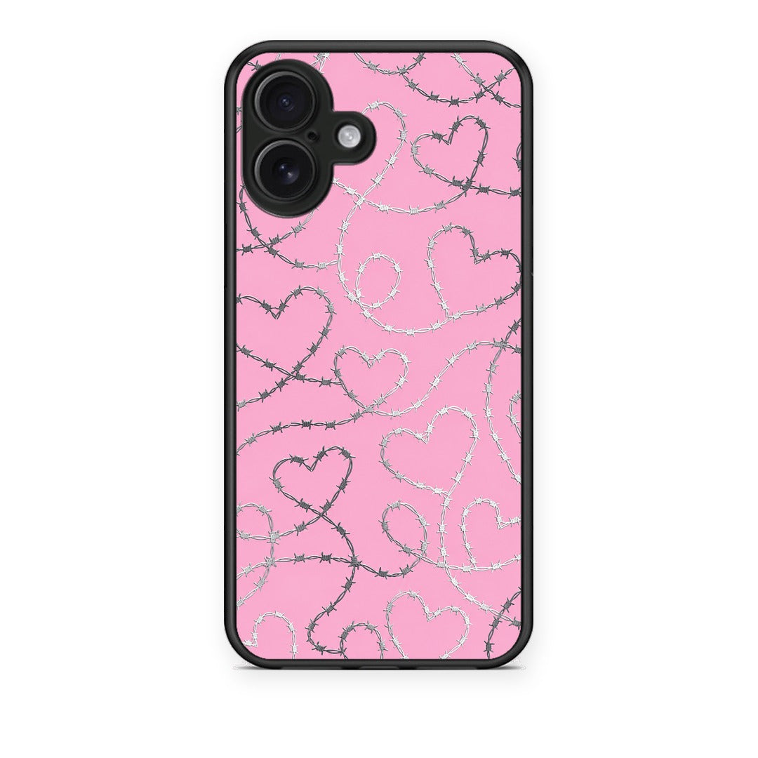 Θήκη iPhone 16 Plus Barbed Wire Hearts on Pink από τη Smartfits με σχέδιο στο πίσω μέρος και μαύρο περίβλημα | iPhone 16 Plus Barbed Wire Hearts on Pink case with colorful back and black bezels