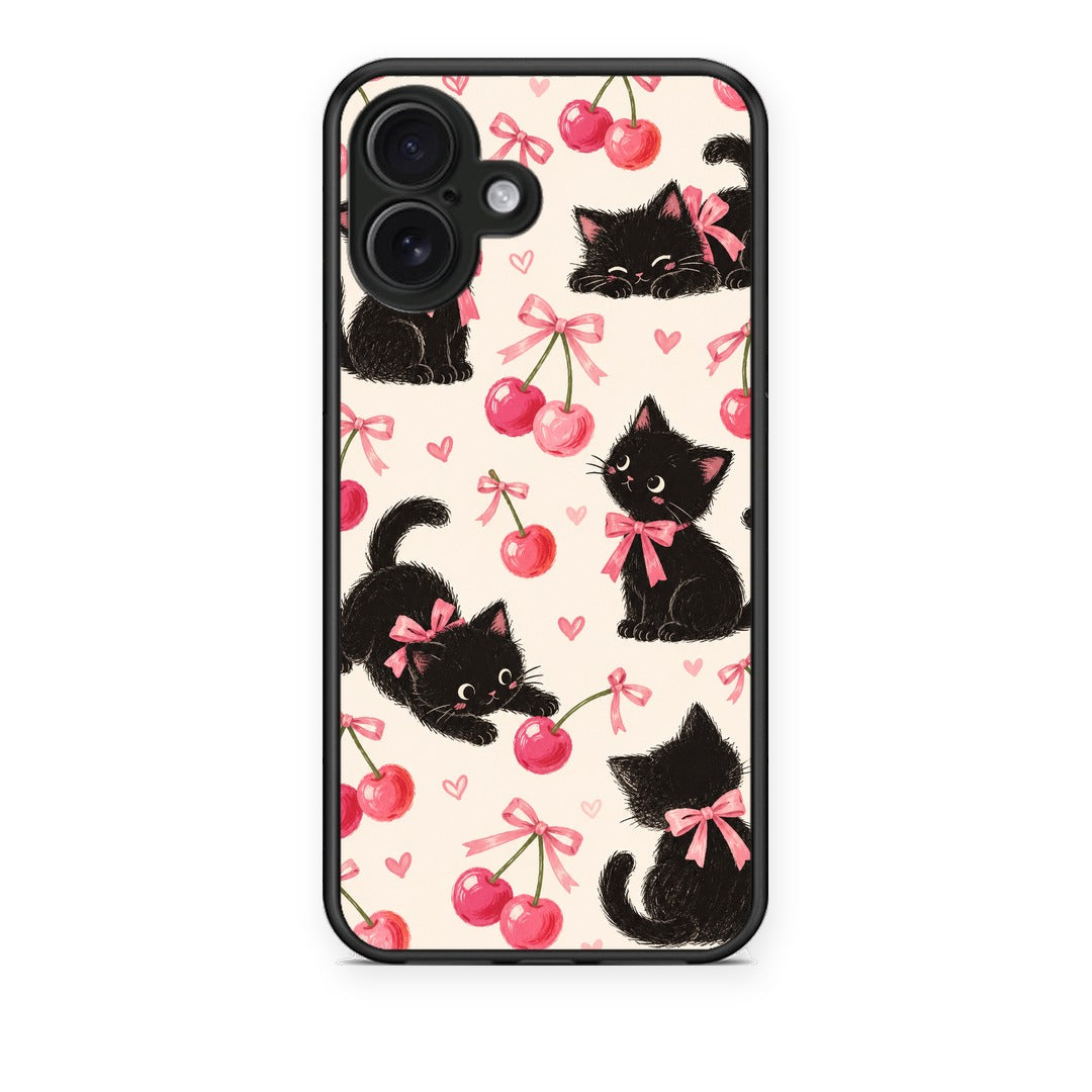 Θήκη iPhone 16 Plus Black Kittens and Cherries on Cream από τη Smartfits με σχέδιο στο πίσω μέρος και μαύρο περίβλημα | iPhone 16 Plus Black Kittens and Cherries on Cream case with colorful back and black bezels