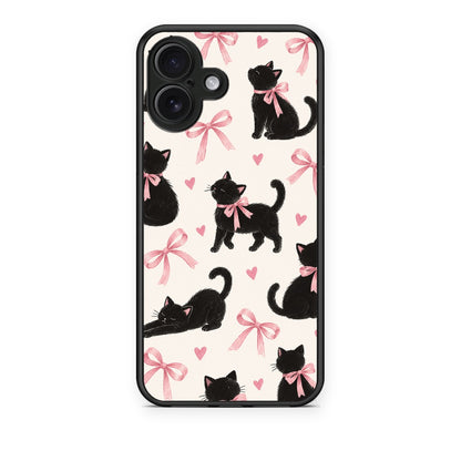 Θήκη iPhone 16 Plus Black Kittens and Pink Bows on Cream Large από τη Smartfits με σχέδιο στο πίσω μέρος και μαύρο περίβλημα | iPhone 16 Plus Black Kittens and Pink Bows on Cream Large case with colorful back and black bezels
